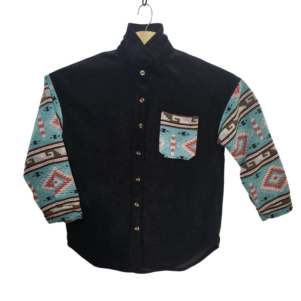 Black‎ Corduroy Southwestern Print Sleeve Pocket Button Up Shirt Size S